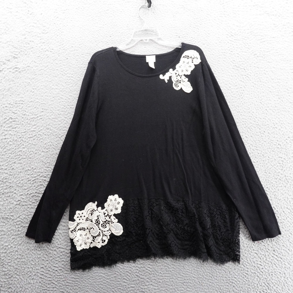 Chicos Black Lace Trim Tunic Top Size 3 US XL Women Floral Appliqué Long Sleeve
